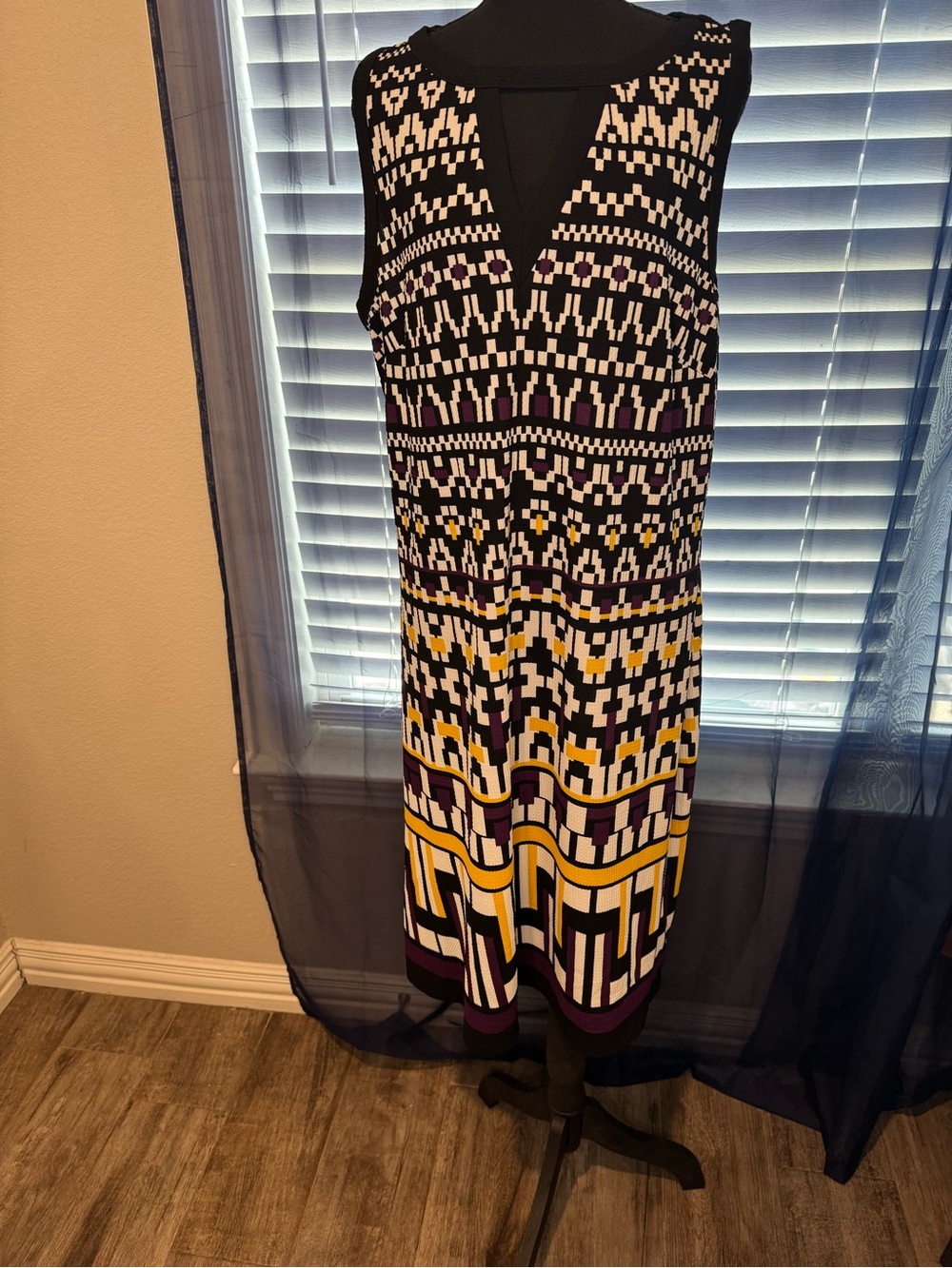 Ashley Stewart Black, White, Yellow & Purple Geometric Knit Dress